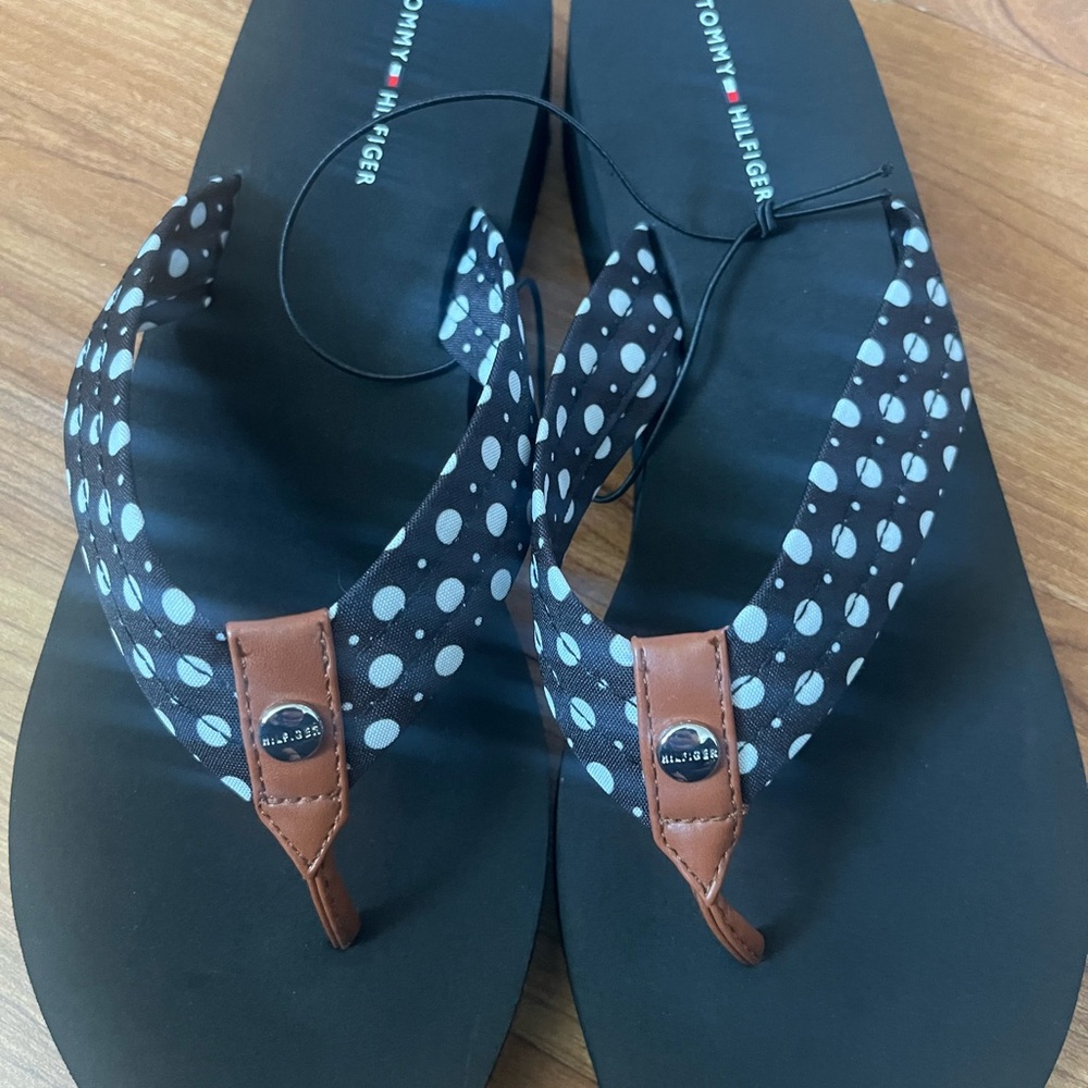 Tommy Hilfiger Black and Brown Polka Dot Sandals